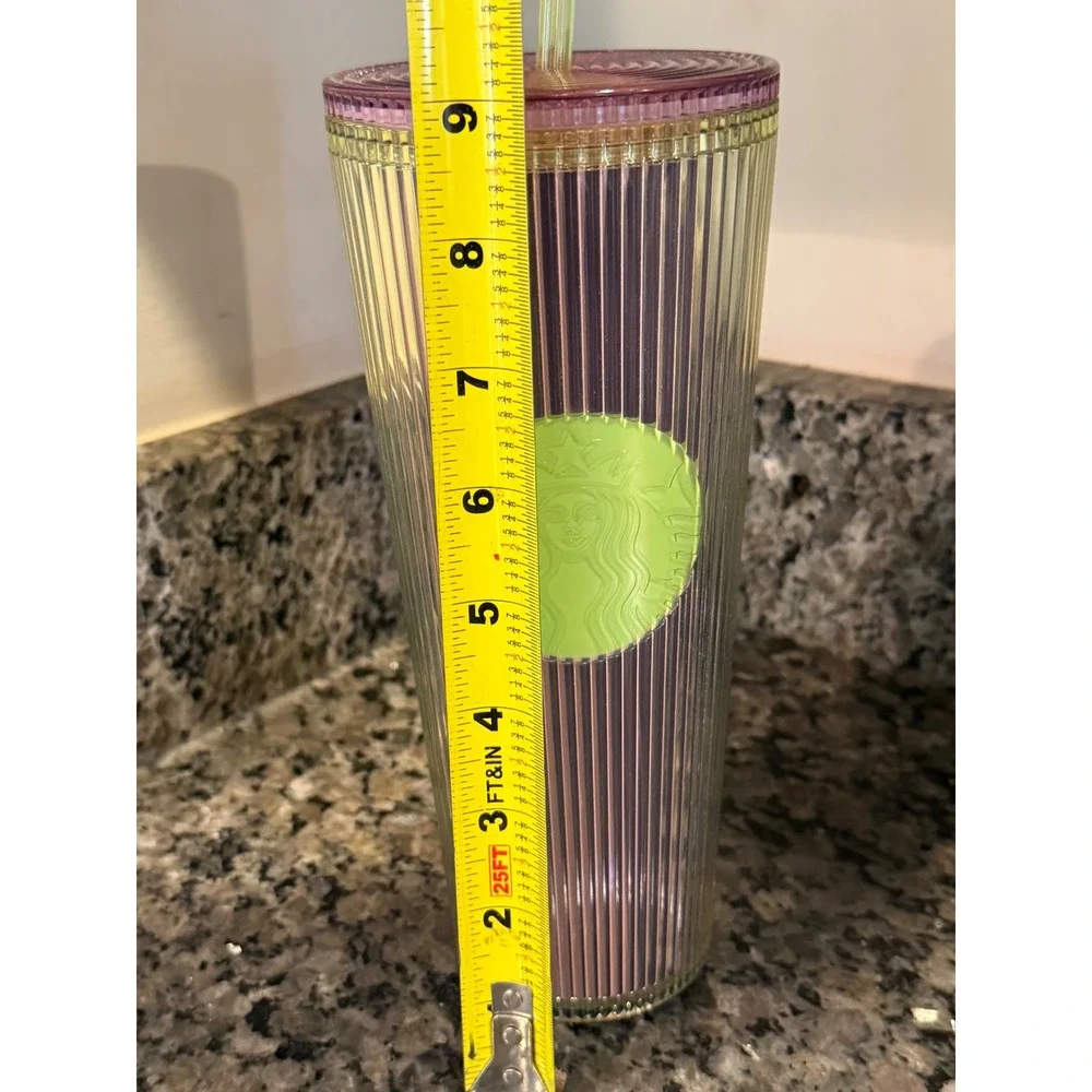 Starbucks 24oz Venti Lime Green Iridescent Pleated Cold Cup Tumbler‎ Purple Lid